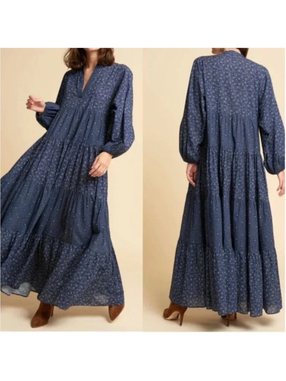 Warm Navy Blue Floral Tiered Maxi Dress